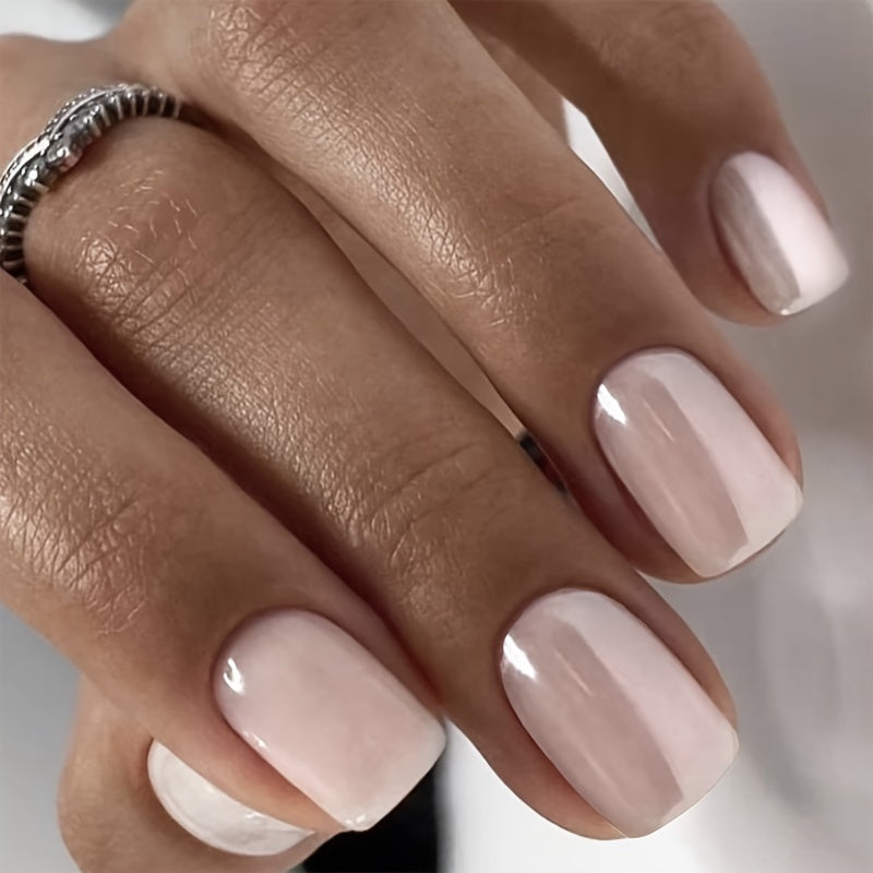 TEMU Look With 24pcs Short Square Pink Glitter Pearlescent False Nails