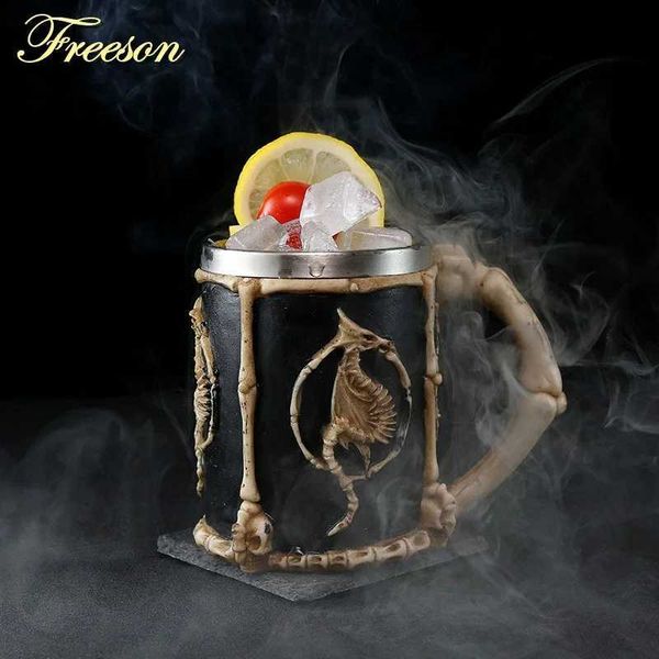 Skull Dragon Resin Stainless Steel Beer Mug Retro Knight Tankard Halloween Coffee Cup Creative Viking Tea Mug Pub Bar DecorationM240803