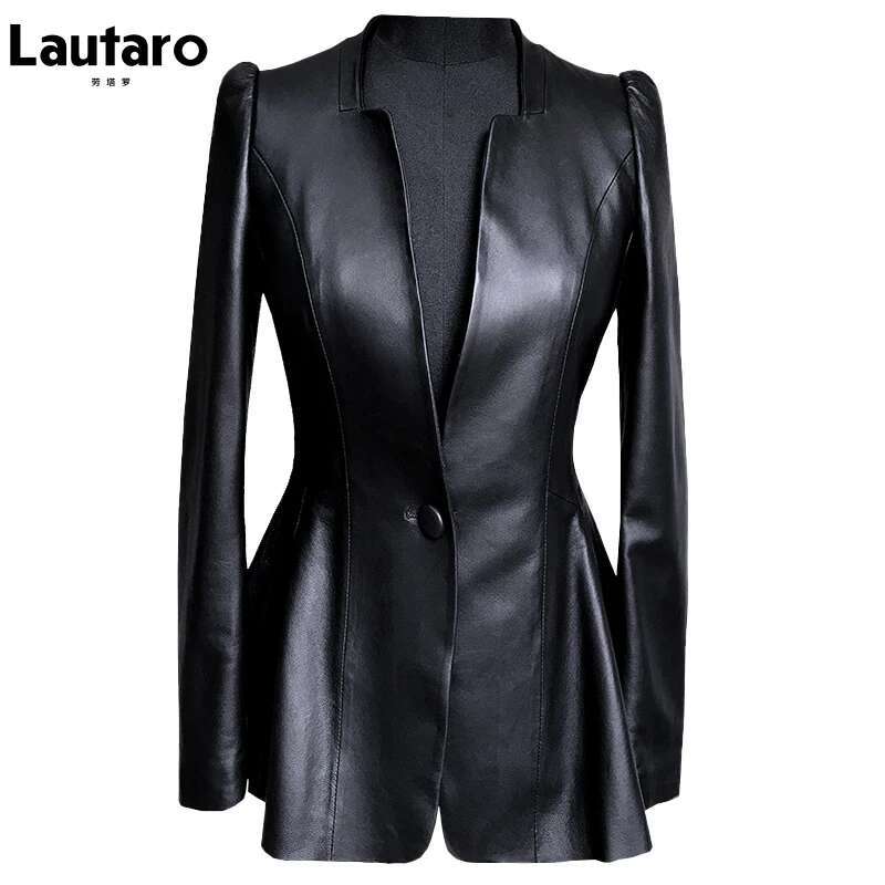 Lautaro Autumn Black Slim Soft Pu Leather Jacket Women Deep V Neck Long Puff Sleeve Elegant Skirted Blazer Fashion 2021