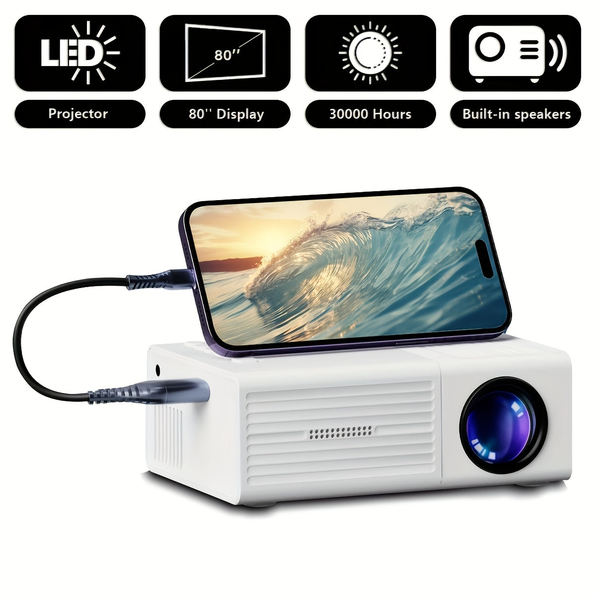 TEMU Mini Portable Projector With 3d & 1080p Native Resolution, Remote Control, Tabletop Mount, 228 Ansi Brightness, 3840x2160 Ultra Hd Resolution,