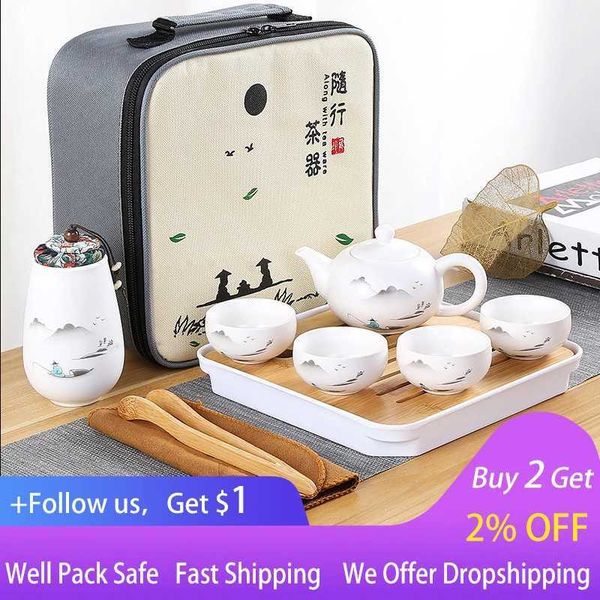 Teaware Sets Ceramic teapot one can four cups outdoor travel kung fu teapot handbag travel cup set Tcup gift teapot set Chinese teapot set Q