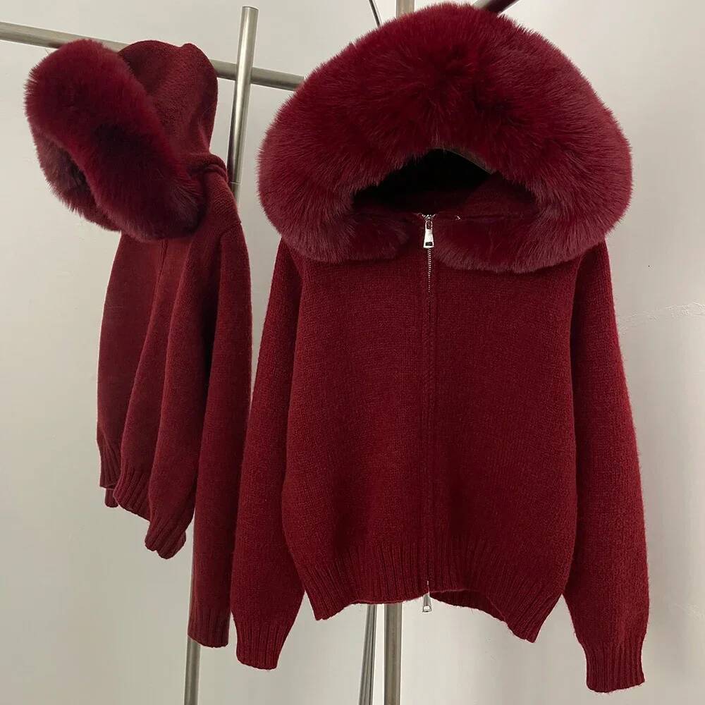 Women Hooded Faux Cardigan Spring Sweater Autumn Female Solid Fake Fur Knitting Coat Loose Knitwear Lady Oversized