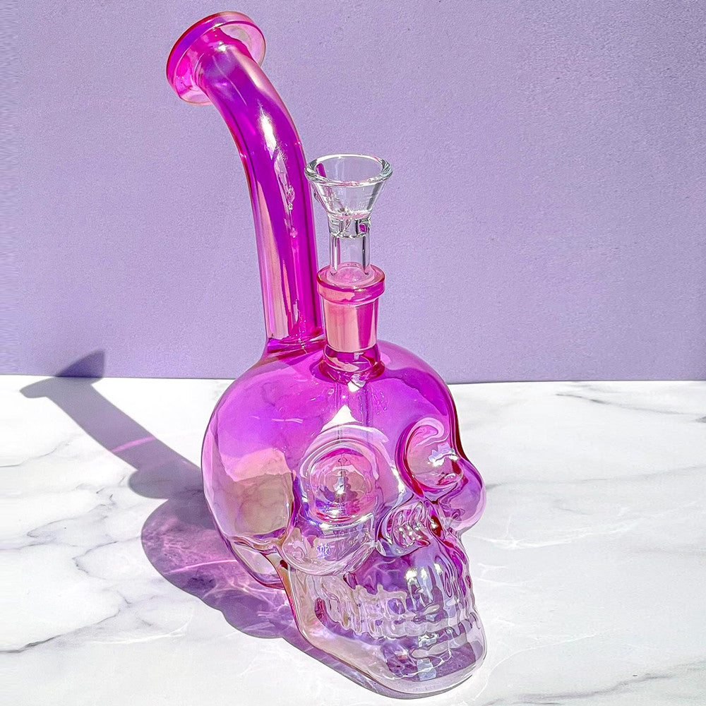 Purple Iridescent Skull Hookah Bubblers Oil Dab Rigs Heady Colorful Glass Recycler Bongs Tobacco Pipes Filter Perc Smoking Wax Water Pipe Accessorie