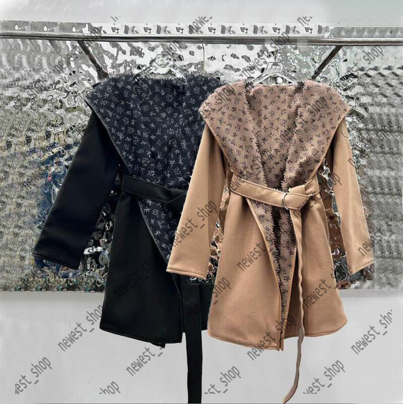 Womens wool Blends fleece Coat overcoat Designer Double sided woolen coats with belt lady jacquard letter flowers Print Hooded lady Trench cloth S M