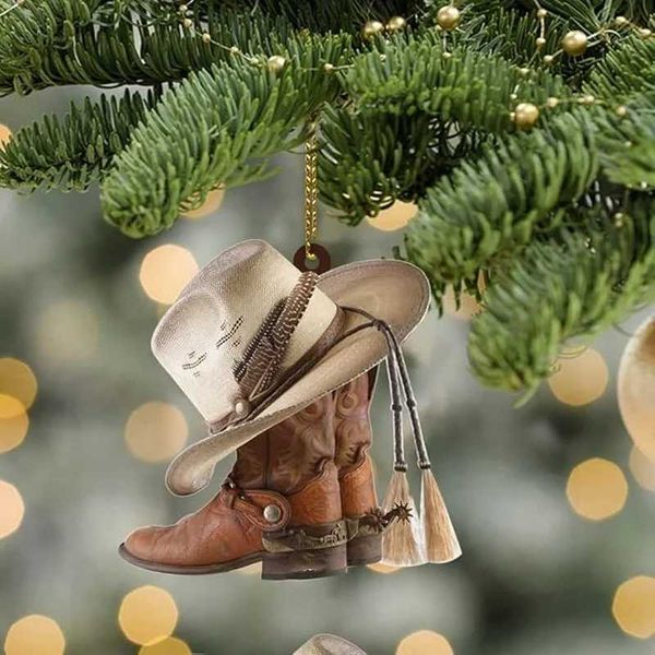 Cowboy Boots and Hat Christmas Ornament Christmas Tree Hanging Gifts Flat Acrylic Car Ornament Car Rear View Mirror PendantXJ241107