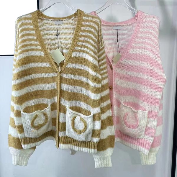 Stripe Knitted Cardigan V Neck Knitwear Spring Autumn Hollow Knits Coats Luxury Slim Knitting Jackets