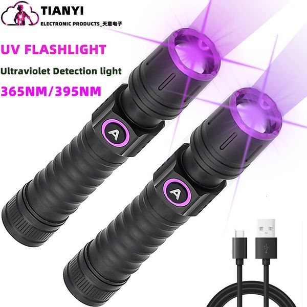 Outdoor Gadgets 365nm or 395nm UV Flashlight Zoom 5W Type C USB Rechargeable Black Light Money Detector Aluminum Alloy Charging uv Torch 231