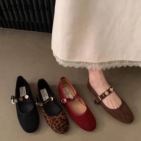 SUOJIALUN Autumn Women Round Toe Mary Jane Shoes Fashion Rivet Ladies Elegant Dress Flat Shoes Soft Flat Heel Ballerinas Sh 241014
