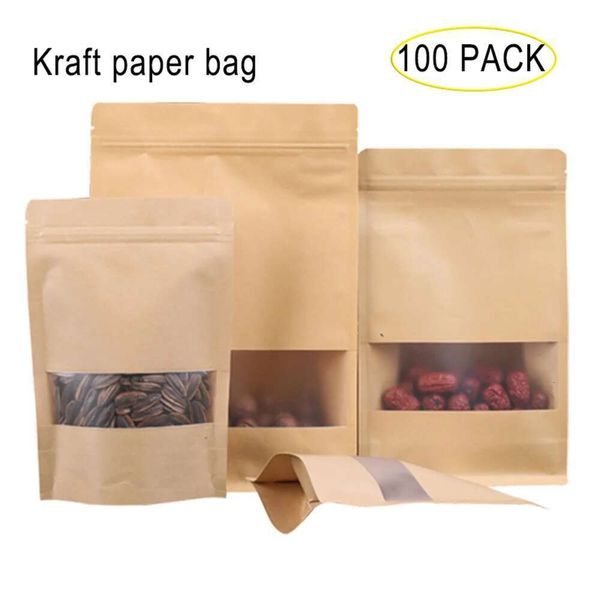 100 Pcs-Lot Stand Up Kraft Paper Pouches Windows Snack Ziplock Nuts Sealed Food Packaging Bags With Tear Notch