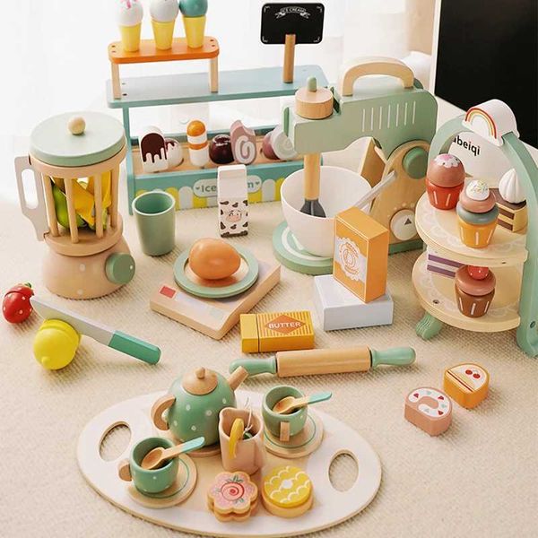 Kitchens Play Food Kitchens Play Food Wooden Pretend Play Kitchen Toys Coffee Machine Tea Set Toy Cake Ice Play Set Learning Toys for Girls