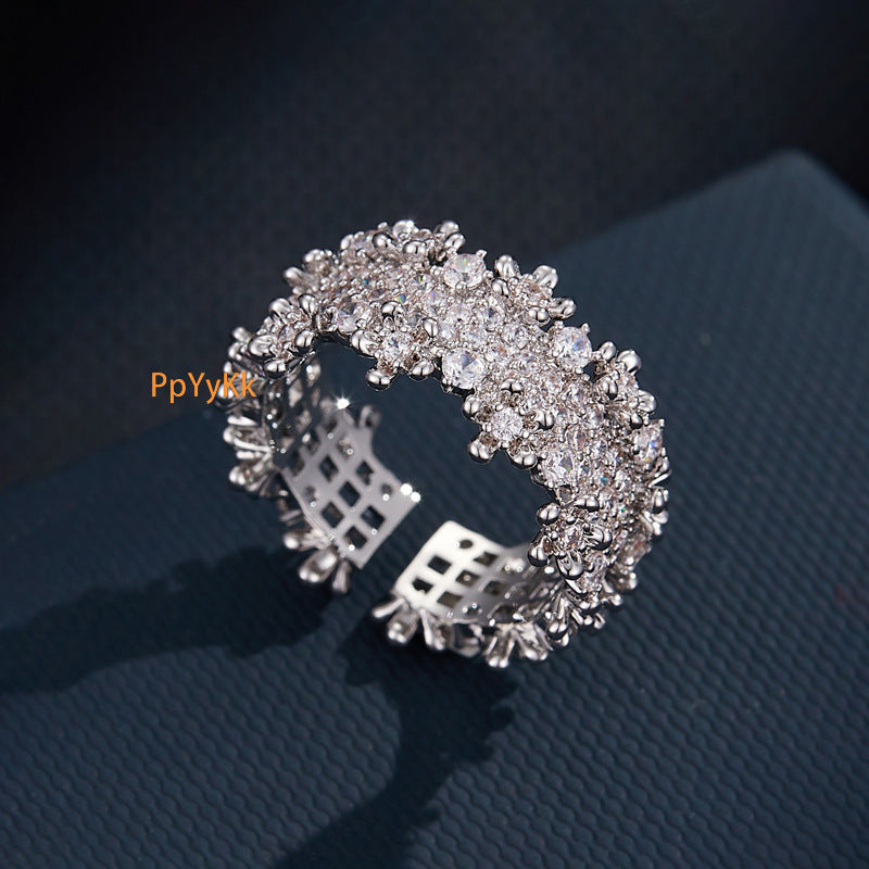 Light Luxury High-End Starry Open Ring Women&#039;s Niche Unique Micro Pave Full Diamond Blinding Sparkle Ring Band