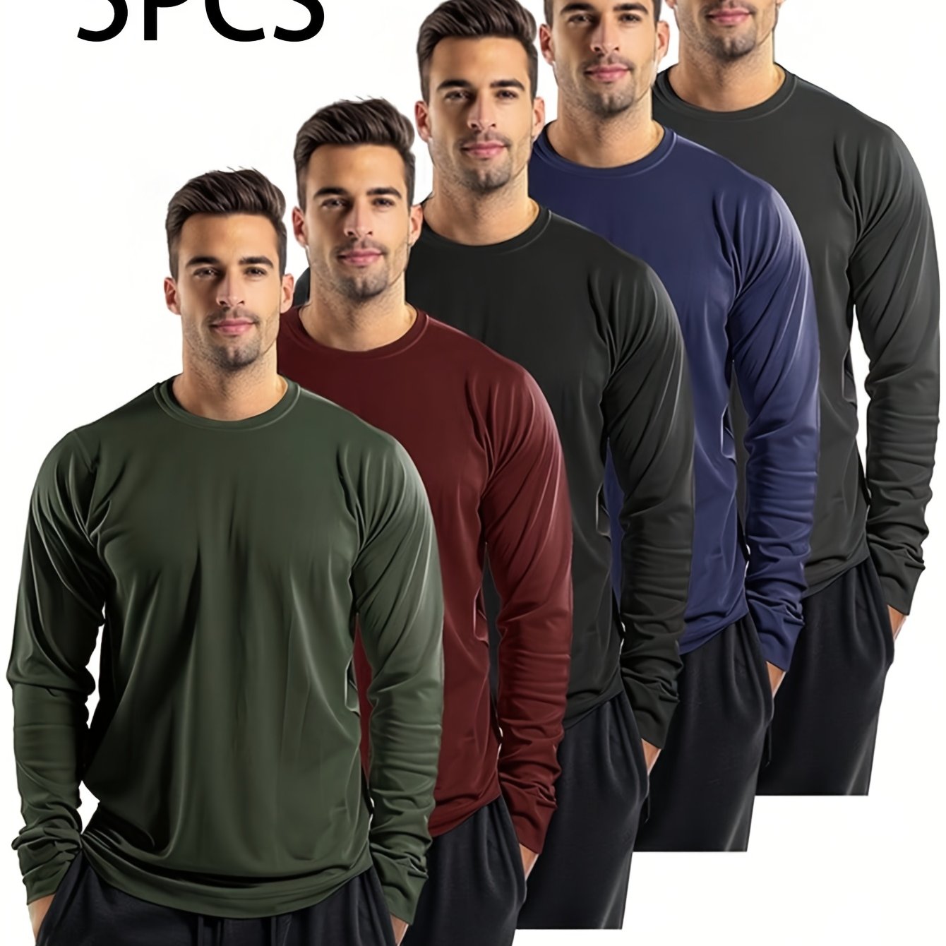 TEMU 5pcs Men's Casual Sports T-shirt, Spring And Summer Round Neck Solid Color Long Sleeved, Suitable For Fitness Cycling