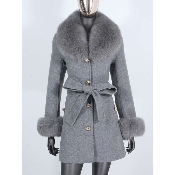 2022 Winter Jacket Women Real Fur Coat Natural Fur Collar Cuffs Belt Cashmere Wool Woolen Warm Outerwear Fashion Streetwear 500 X241126