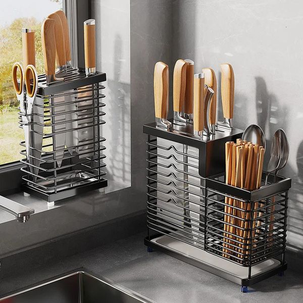 Kitchen Knife Holders Storage Rack Household Stainless Stee Countertop Knife Spoon Chopstick Holder With Drain Tray 241209