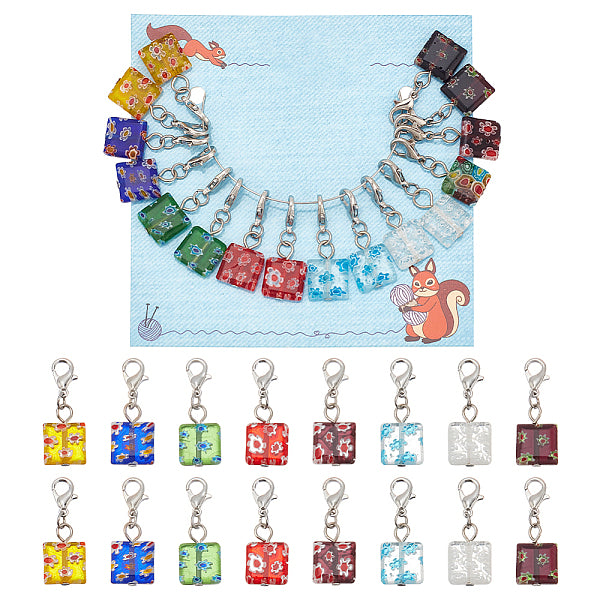16Pcs Square Handmade Millefiori Glass Pendant Locking Stitch Markers