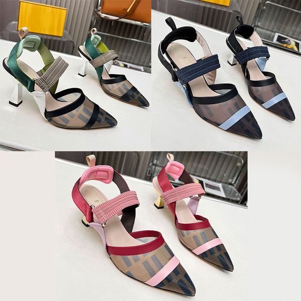 Mesh Fabric Slingbacks Women Designer Pumps Flat Sandals Colorful Hollow Out Women Slingback Metal High Heels Shoes Dress Shoes Top Mirror Q