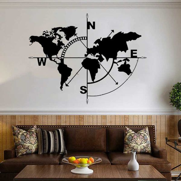 Black Metal World Map Wall Art Compass Decor Hanging Home Office School Classroom Living Room Bedroom Decoration AccessoriesXJ250116