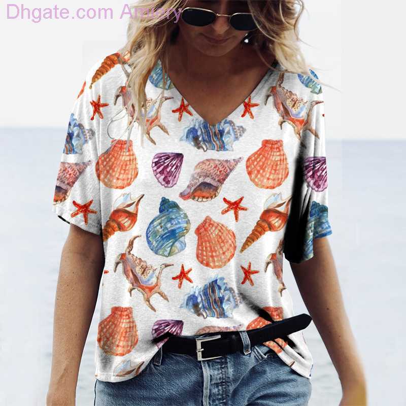 Women&#039;s T-shirt Tops Tee Ladies Ocean Fashion Casual Short Sleeve Digital Print Blouses V-Neck Summer Top Tshirts Woman Clothing Shirts