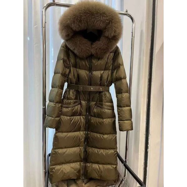 Long Overcoat Belt High Quality Female Warm Slim Parka White Duck Down Coat Fashion 2024 New Winter Fox Fur Collar Jacket Women