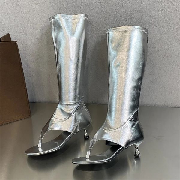 Eilyken Street Style Open Toe Clip-On Women Knee High Boots Thin Low Heels Side Zipper Party Sock Booties Sandals Shoes f27f