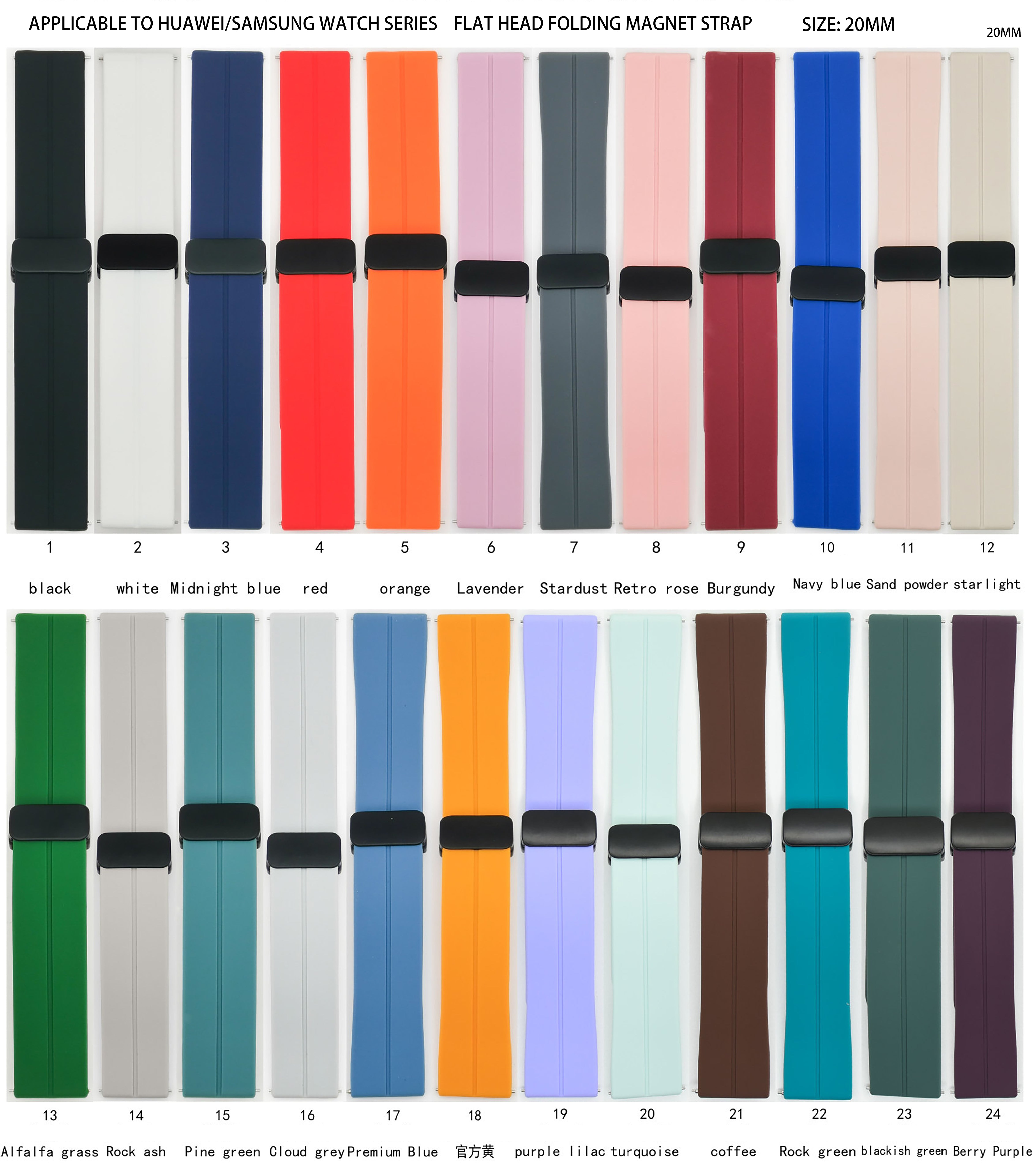 Silicone Watch Strap with Magnetic Buckle Compatible with Samsung & Huawei Smartwatches