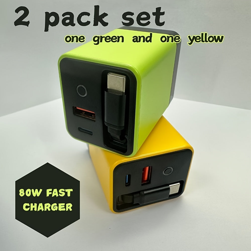 TEMU 2pcs Set Yellow & Green 80w 3-port Gan Fast Charger With Extension Cable For Phone-tablet-laptop, Multi-device Charging, Battery-, Fast For