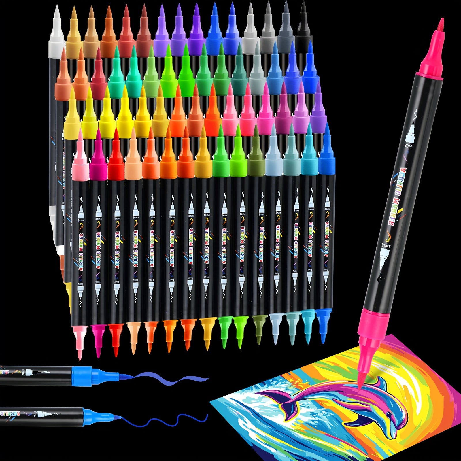 TEMU 60 Colors Acrylic Paint Markers Pen, Dual Tip Acrylic Paint Markers With Brush And For Kids And Adults, Wood, Stone, Rock Painting, Glass,