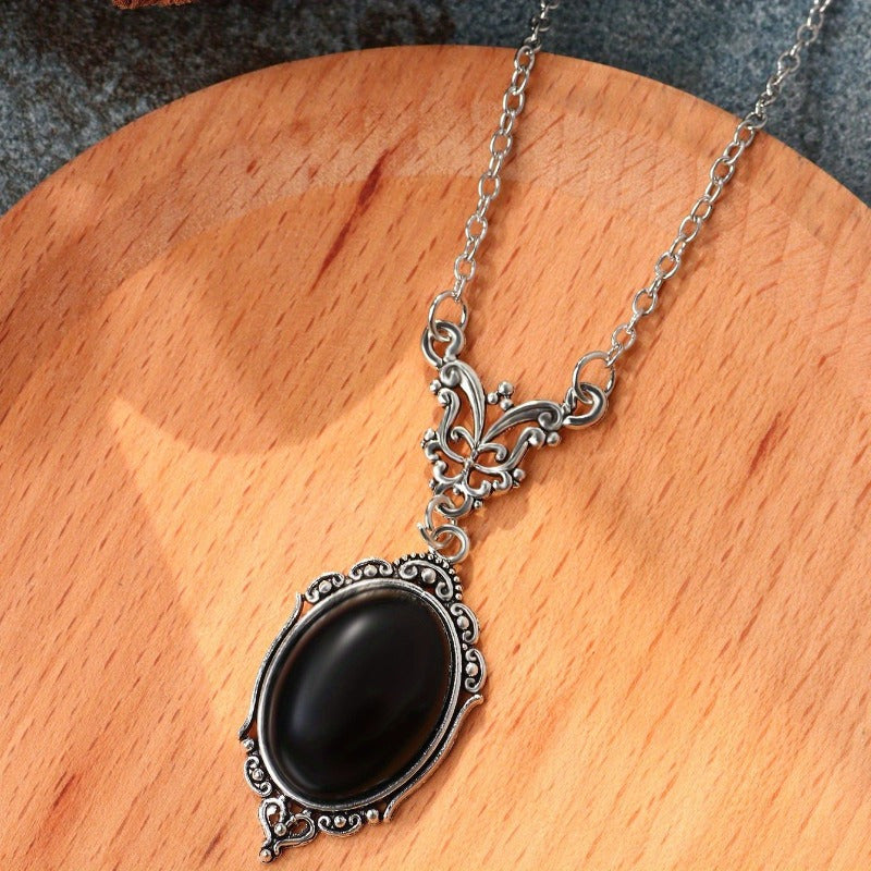 TEMU Vintage Elegant Alloy Necklace With Synthetic Zirconia, Bohemian Style Black Gemstone Pendant, Fashion Jewelry For Daily & Party , Accessory