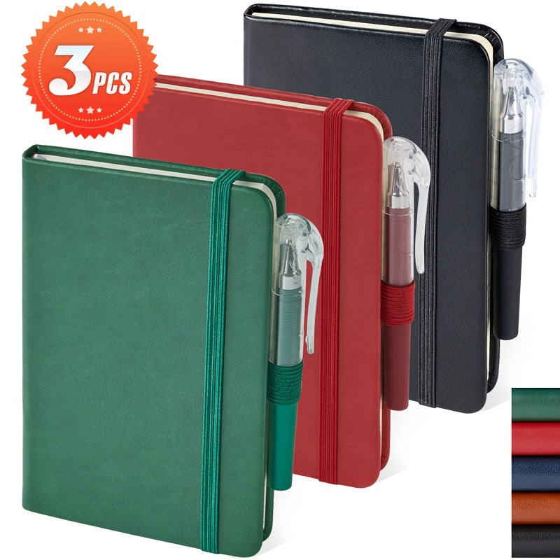 TEMU 3 Pack A6 Pocket Notebook Journals, 3.7"x5.7" Hardcover Leather Mini Notebooks For Women Men, 408 Pages Cute Small Note Pads With Pen, For Work