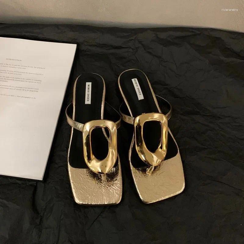 Sandals Luxury Golden Buckle Heeled Flip Flops Woman Summer Elegant Square Toe Thong Slipper Ladies Brand Design Evening Party Shoes