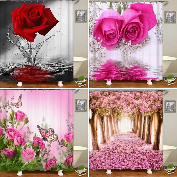 Red Rose Butterfly Flowers Shower Curtain 3D Bathroom Curtain Fabric Waterproof Polyester Washable Bath Screen Curtain Set Y240815