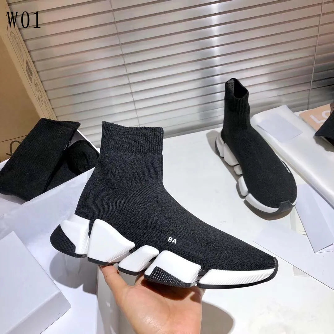 Designer socks shoes luxury youthful solid color black stitching platform height increasing women men lightweight fitness sneakers pure knitted cott