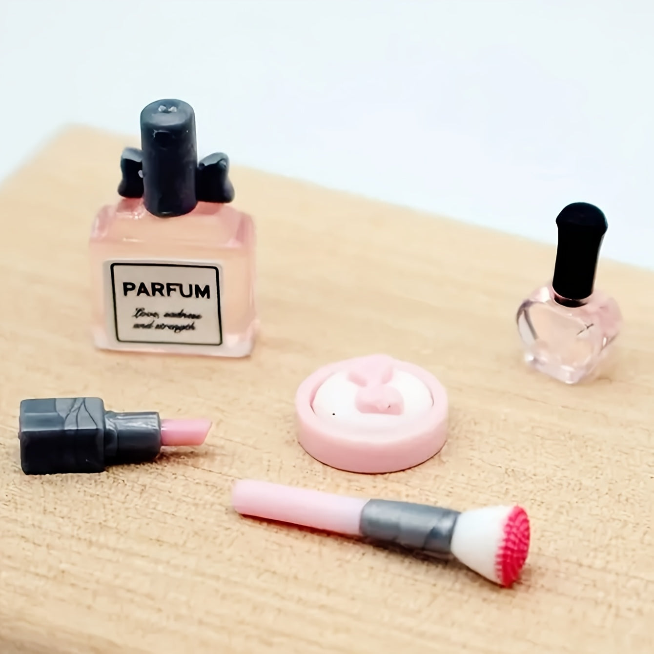 TEMU 5pcs Dollhouse Mini Makeup Set: 1-12 Mini Lipstick, Perfume, Powder Puff, Nail Polish, Makeup Brush Models Suitable For Christmas, Fairy Garden,