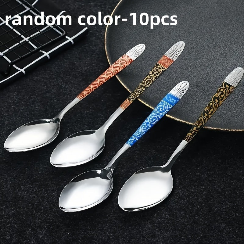 TEMU 10pcs Elegant Multicolor Stainless Steel Soup Spoons - Vintage Print, Durable, Easy To Clean, Reusable Tableware Set For Tea, Coffee, Ice Cream,