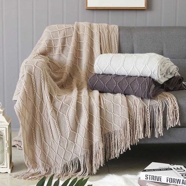 Nordic Knitted Throw Blanket with Tassel Khaki Cream Grey Retro Blanket Luxury Bedding Sofa Extra Large Bedding W240809