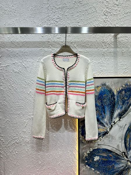 Designer Autumn Winter Women&#039;s Sweaters O-neck Long Sleeve Strip Knitting Cardigan Women Knitted Pocket Ladies Elegant Sweater Coats