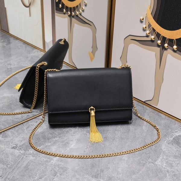 Real Leather Chain Bag With Tassel In Grain De Poudre Black For Women Shoulder Crossbody Chngsfu1713