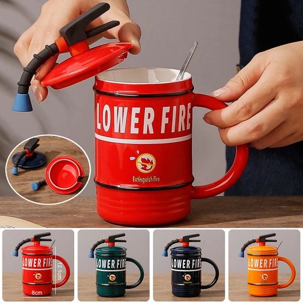 Creative Ceramic Mug Fire Extinguisher Shape Personality Water Bottle Home Office Coffee Mug with Lid Spoon Fireman Perfect Gift 240824