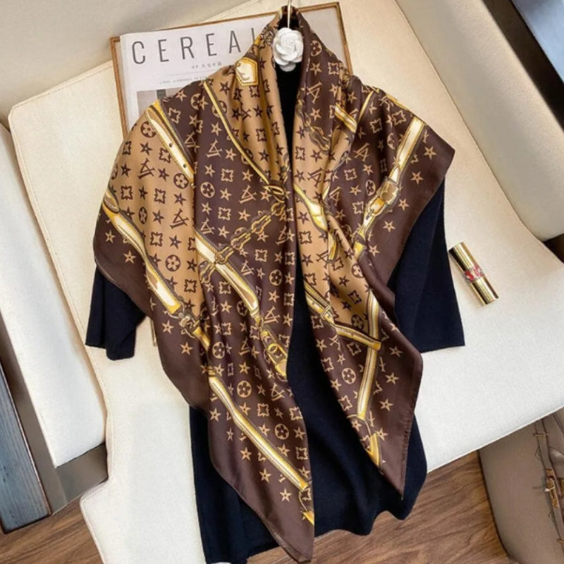 Luxury Brand Classic Simple Letter Design Satin Luxury Square Scarf Outdoor Shawl Silk Turban Beach Wrap Fashion Women Scarves 90*90cm