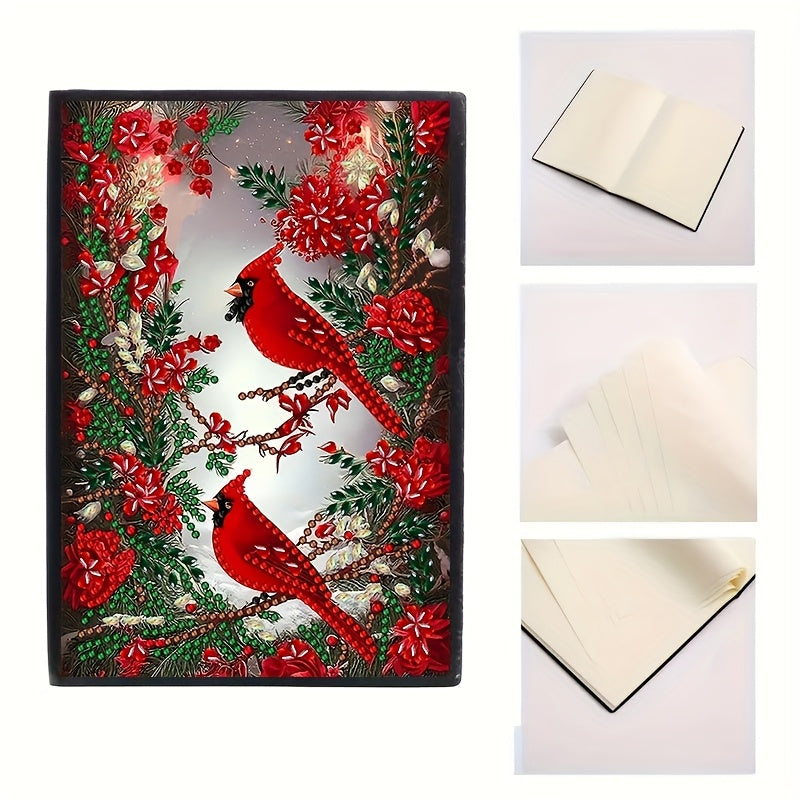 TEMU 1pc Diy Diamond Painting Notebook Kit - Red Birds & Festive Holiday Design, Leather Cover, Round & Irregular Diamonds, Writing, Drawing, And