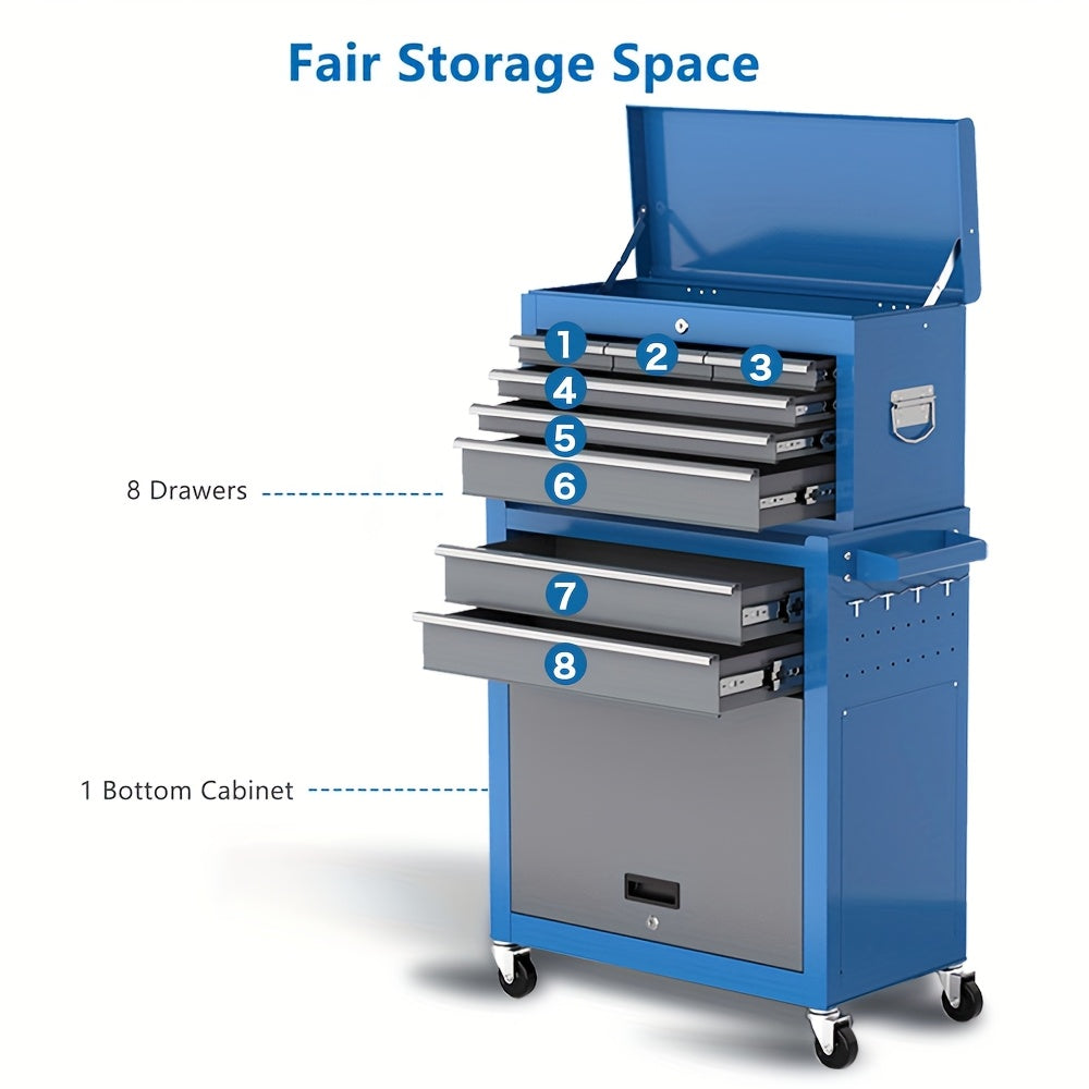 TEMU 8-drawer Rolling Toolbox With Wheels, Detachable Tool Storage Cabinet With Toolbox Manager Tray Divider Kit, With 10 Hooks For Workshop Garage