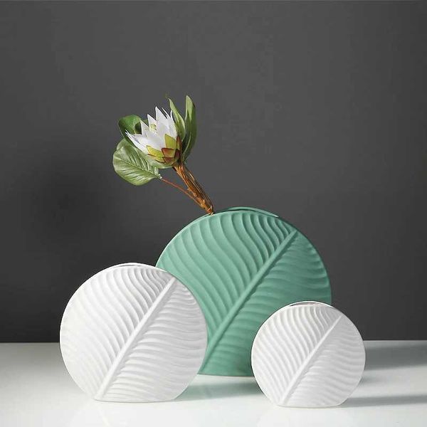 Planters Pots European Ceramic Vase Living Room Decoration Flower Arrangement Vase Desktop Creative Green Leaf Flower Arrangement Ornament H