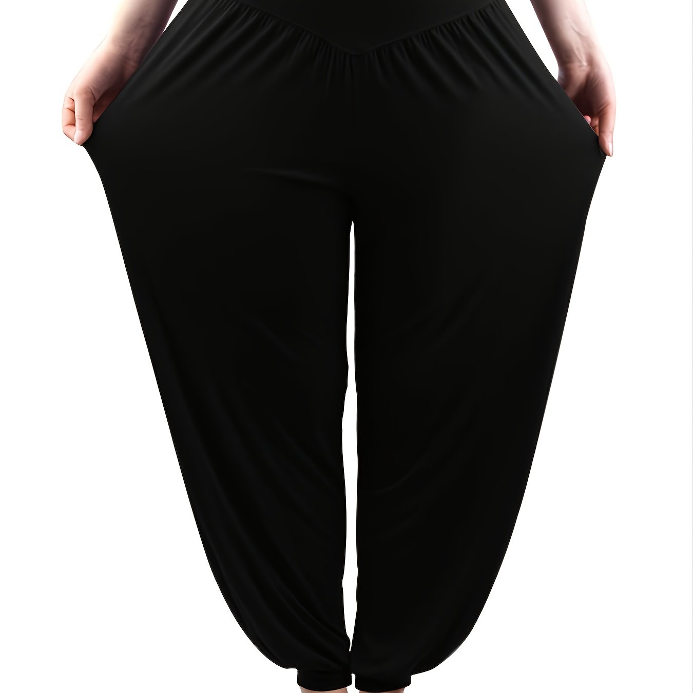 TEMU Women's Plus Size Harem Pants - Casual Stretch Polyester, Ruched Waist, Fit For Casual Attire, Spring Autumn Pants|flowing Fashion Pants| Fabric
