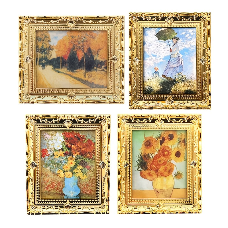 TEMU 4pcs Miniature Oil Painting, Dollhouse Decor Accessories, Framed Canvas, Simulation Model Mini Furniture Accessories, For Diy Handmade Micro