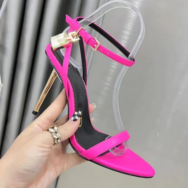 Fashion Stiletto heel sandals womens shoe Designer Satin Gold padlock Dress shoes Genuine Leather high Heeled 10.5cm Super High Fuchsia part