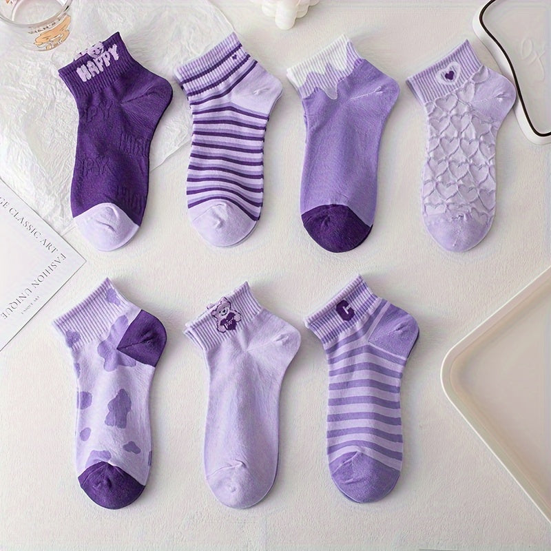TEMU 7 Pairs Of Purple Cartoon Socks, Cute And Comfortable Breathable Short Socks, Women's Socks & Short Socks