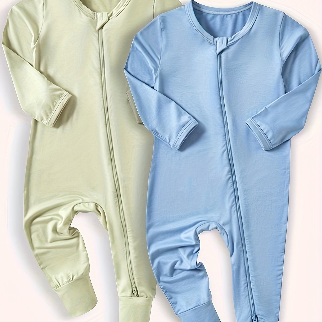 TEMU 2pcs Baby Jumpsuit, Bamboo Fiber Romper, Baby Clothing, Same Style For Boys And Girls, Zipper For Easy , Machine Washable, Solid Color, Suitable