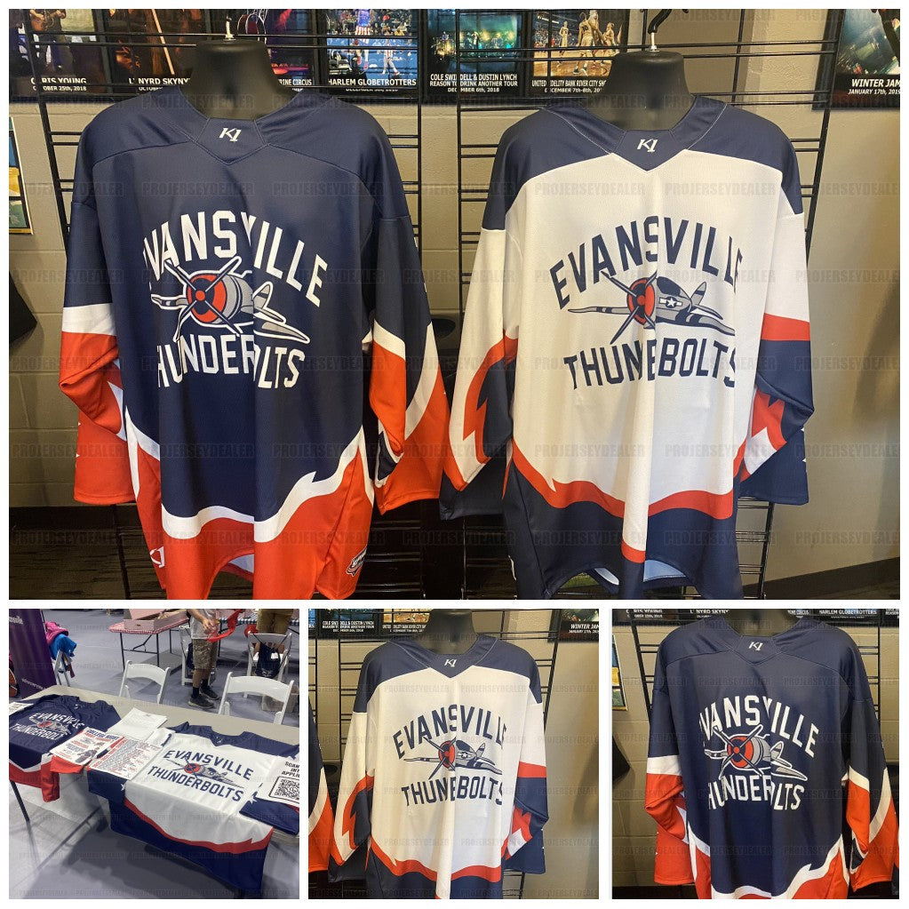 Evansville Thunderbolts 2023 Hockey Jerseys Aaron Huffnagle Scott Kirton Scott Kirton Michael Ferraro Cameron Cook Felix Sasser Fredrik Wink Shewfel