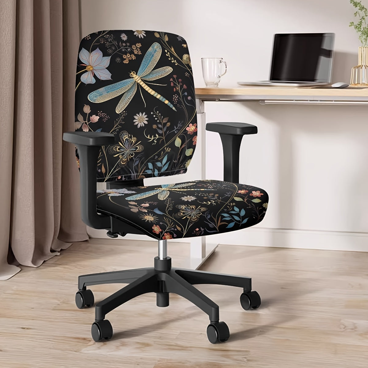 TEMU Set Of 2 Vintage Floral & Dragonfly Pattern Stretchable Chair Slipcovers - Machine Washable, Elastic-band Closure, Universal Fit For Chairs,