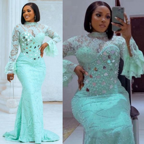 Mint Plus Size Aso Ebi Prom Dresses Illusion Mermaid Long Sleeves Lace Mirror Sequin Evening Dress African Second Reception Gowns Elegant Ve